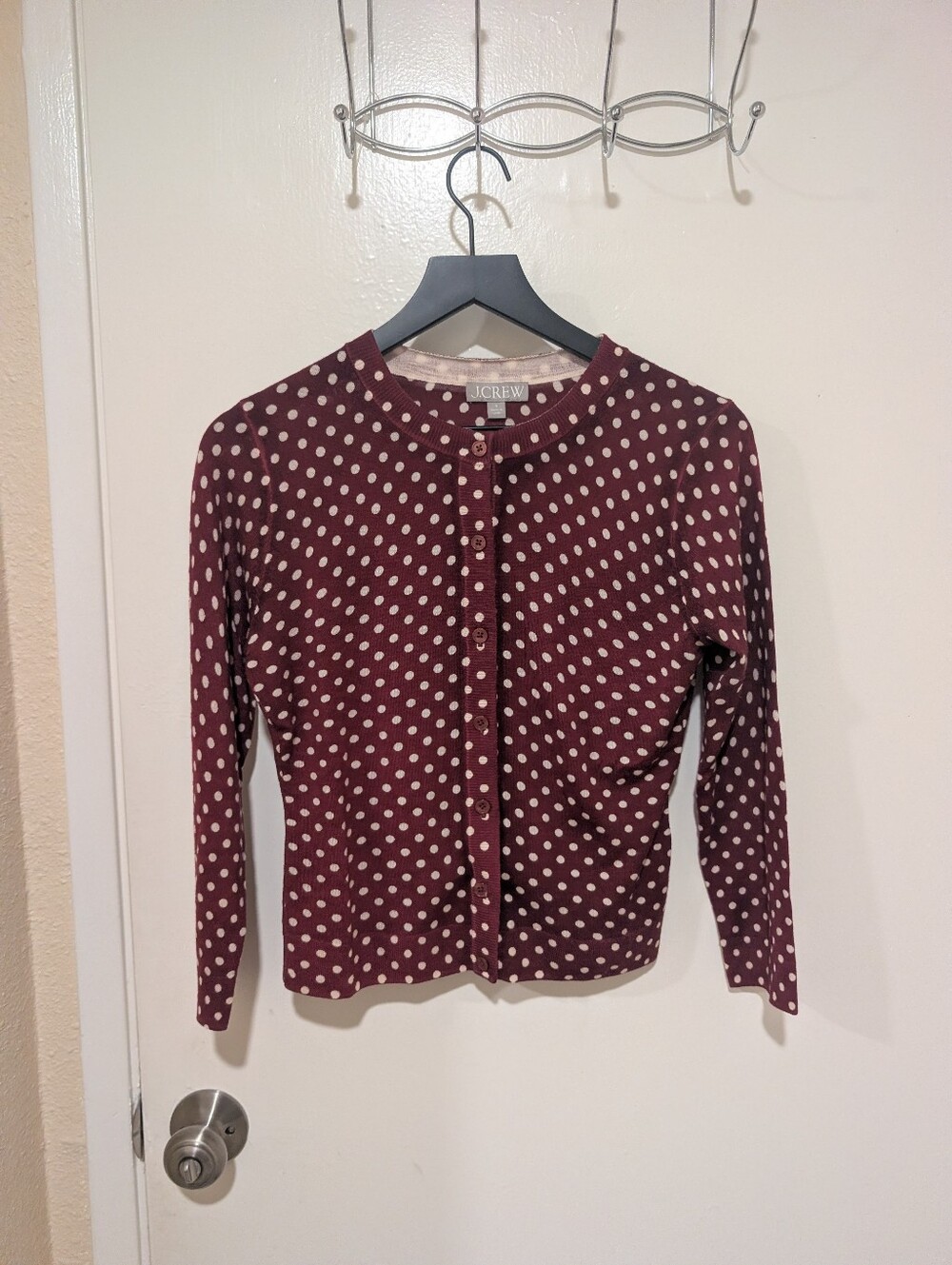 JCrew NWOT Burgundy Carolyn Cardigan In Polka-Dot Merino Wool - Picture 4 of 15
